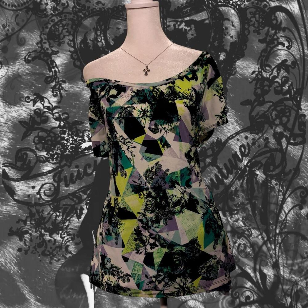 white teal green subtle purple yellow abstract geometric floral top